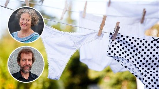 Illustrasjonsbilde av undertøysvask, med portrettbilder av Ingun Grimstad Klepp og Henning Sørum.