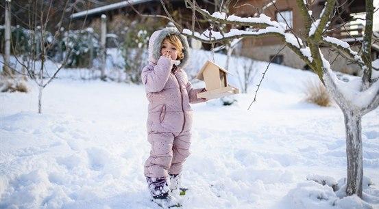 Barn som holder fuglebrett i vinterlandskap