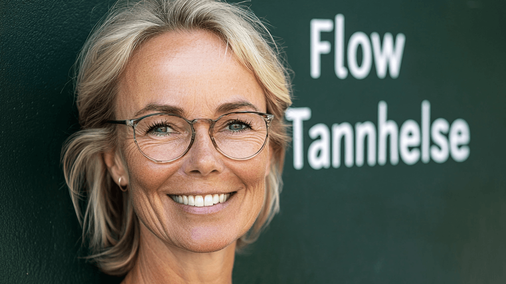 Illustrasjonsfotoet viser en kvinne som smiler, med skriften Flow Tannhelse i bakgrunnen på en grønn vegg