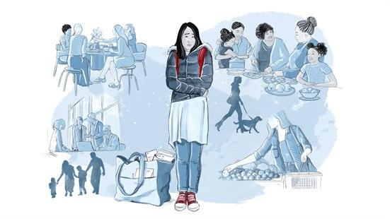 Tegning av papirløs imigrant omgitt av ulike sosiale situasjoner.