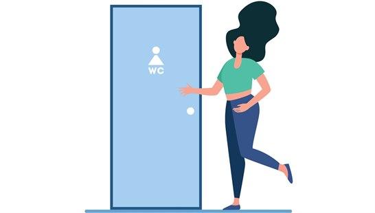 Tegning av kvinne som haster inn på toalettet