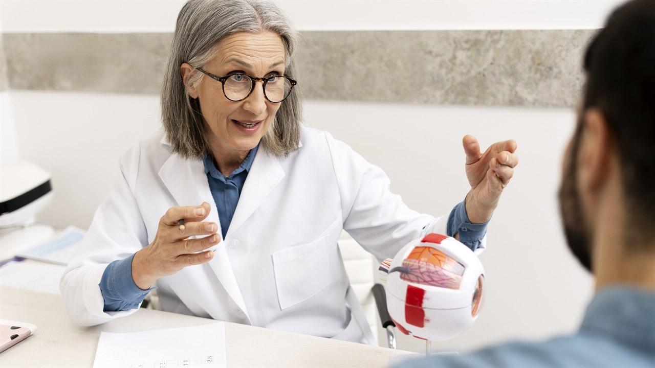 En person med diabetes er hos en øyelege for å sjekkes for diabetes makulaødem 