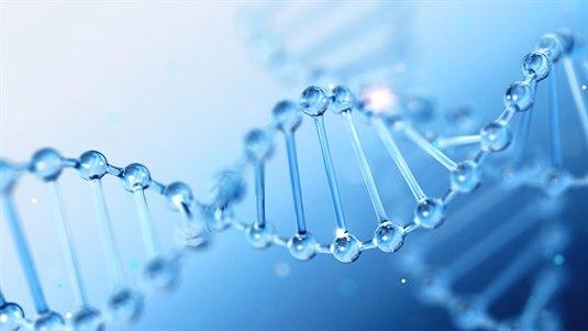 Illustrasjonsfoto av en DNA-tråd i gjennomsiktig blåfarge, med en blå bakgrunn.