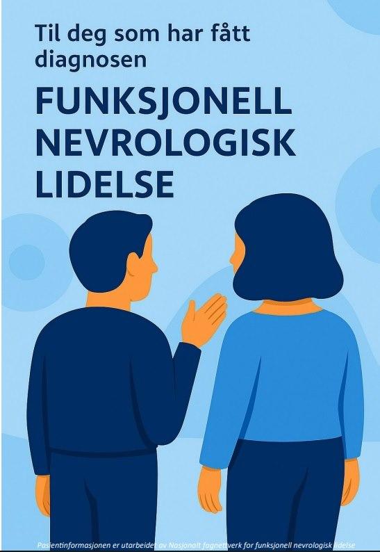 Bilde av forsiden av heftet "Til deg som har funksjonell nevrologisk lidelse. Bilde av mann og kvinne som snakker sammen på forsiden av heftet.