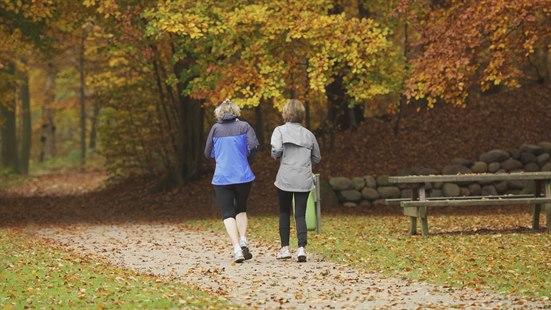Illustrasjonsfoto av to damer som løper i en park om høsten.