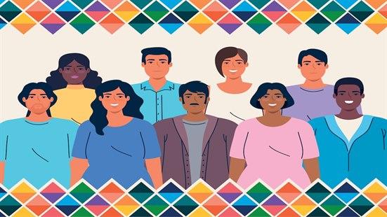 Tegning av 9 personer av ulik etnisitet, hudfarge.