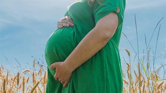 Illustrasjonsfotoet viser en gravid kvinne i en kornåker. Hun har en grønn kjole og holder seg på magen. Ansiktet vises ikke