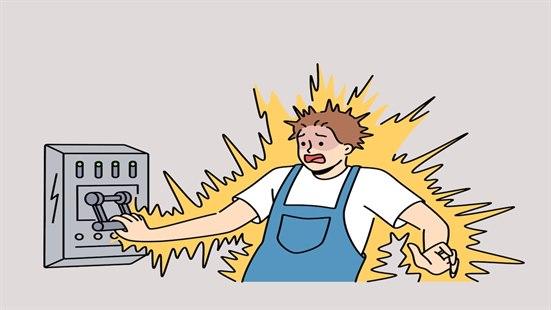 Tegning av mann som får elektrisk støt.