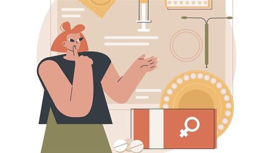 Illustrasjonen viser en kvinne som tar på munnen med sin høyre pekefinger, som om hun tenker. I bakgrunnen vises det illustrasjoner av forskjellige prevensjonsmetoder.