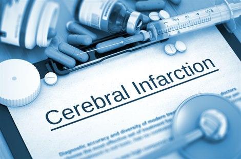 Bilde med teksten "Cerebral infarction" og tabletter, sprøyte og stetoskop.